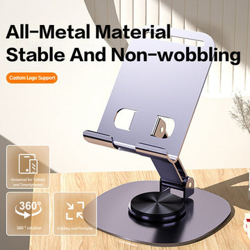 Metal Adjustable Phone and Tablet Stand - Ergonomic Aluminum Desk Holder with 360-Degree Rotating Base, Compact Foldable Design, Universal Compatibility for iPhone, iPad, Samsung, and All 4.7-10 inch Devices, Portable for Home, Office, and Travel